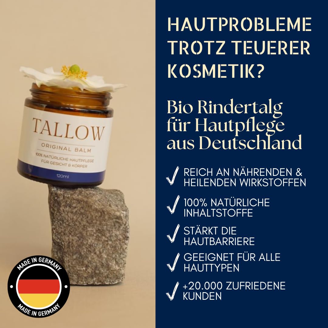 TALLOW Original Balm Natur (120 ml) - Organic Grass-Fed Beef Tallow Cream from Germany (Lake Constance), Odourless, No Chemicals, 100% Natural Skin Care, Organic Beef Tallow with Jojoba Oil