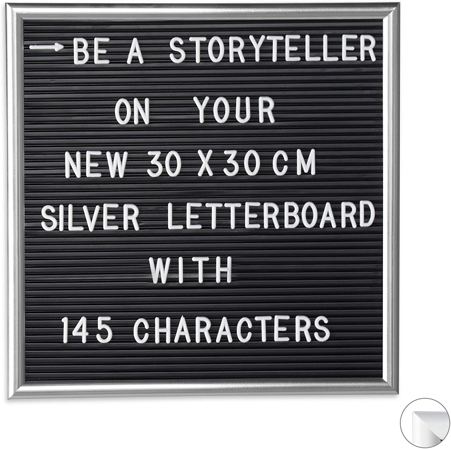 1 x letterboard with wooden frame, 145 letters, numbers and special characters, grooved board for plugging, 30 x 30 cm, silver.