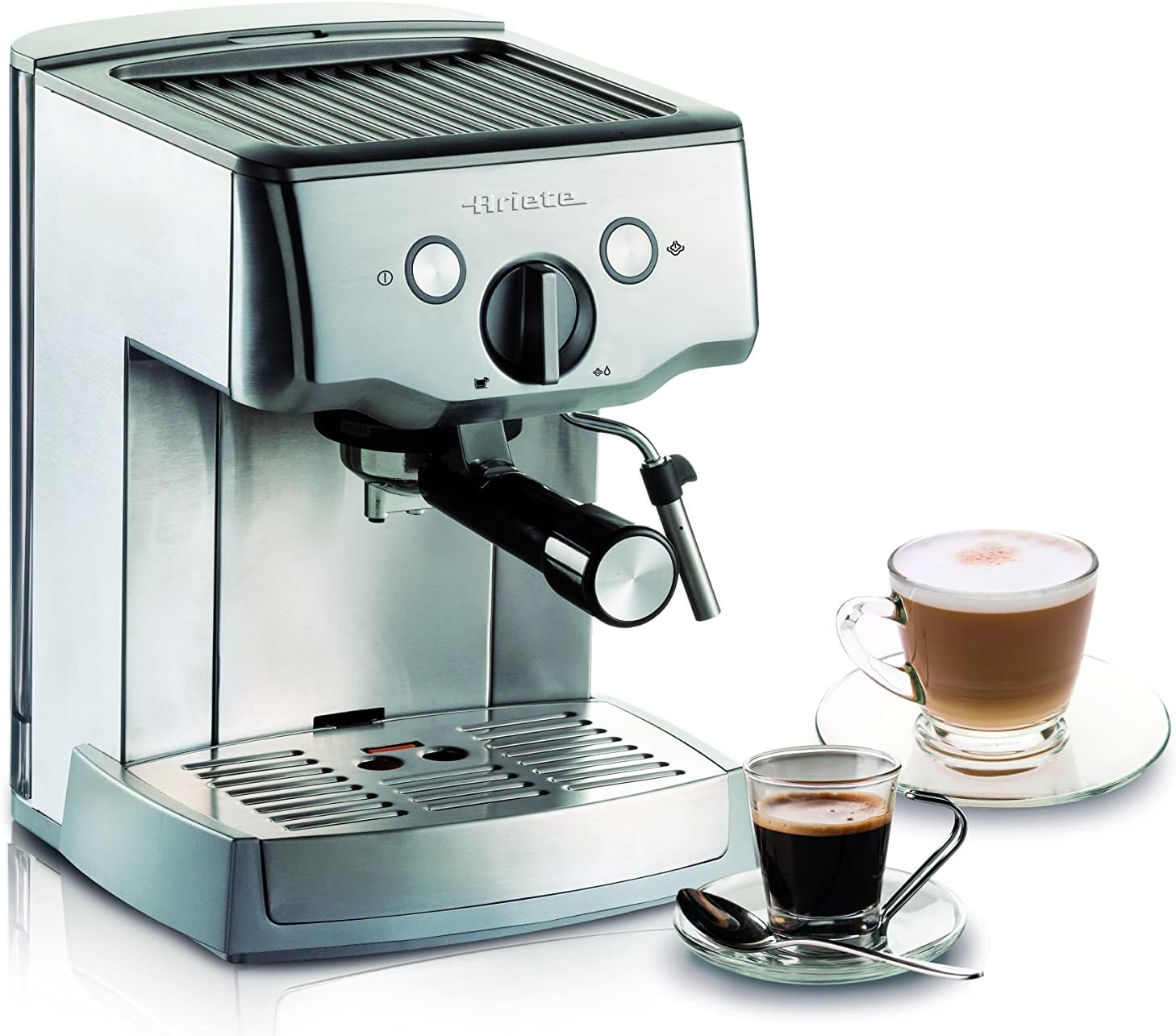 Ariete 1324 Metal Espresso Machine, Powder and Waffles ESE, Pump 15 Bar, Milk Frother, Heating Compartment, Filter 1 and 2 Cups, 1000 W, 1.5 Liters, Stainless Steel