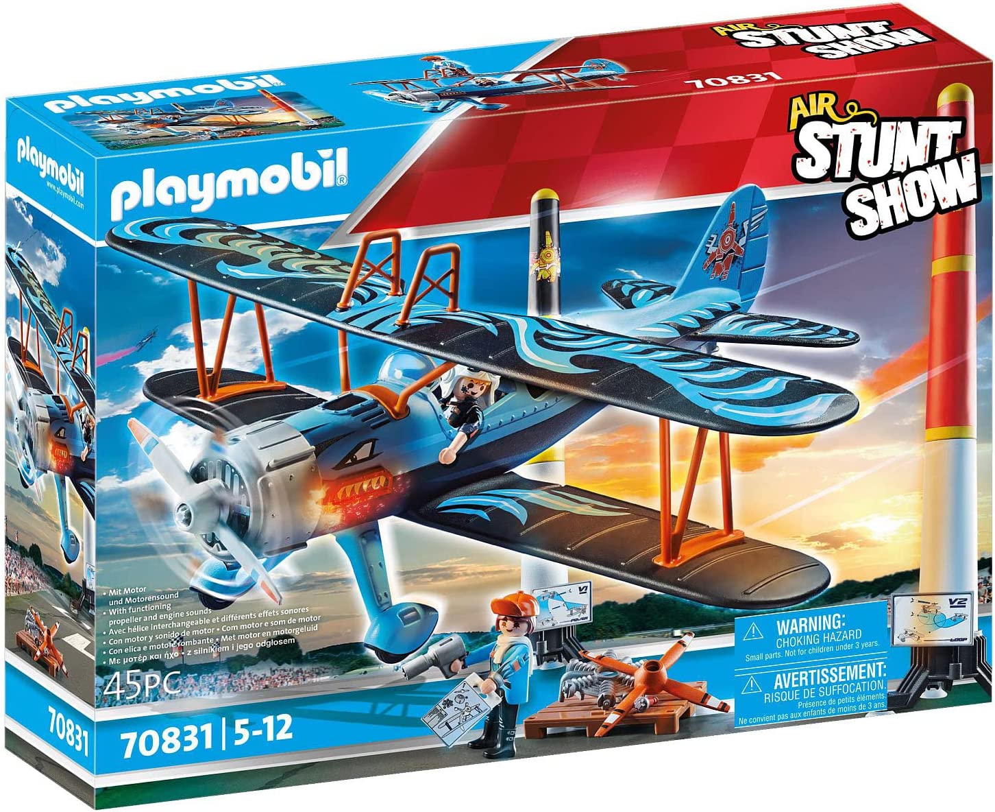 PLAYMOBIL Air Stunt Show 70831 Double Decker \"Phoönix\" with Electric Module for 5 Different Motor Noises and Turning the Propeller, for Children from 5 Years