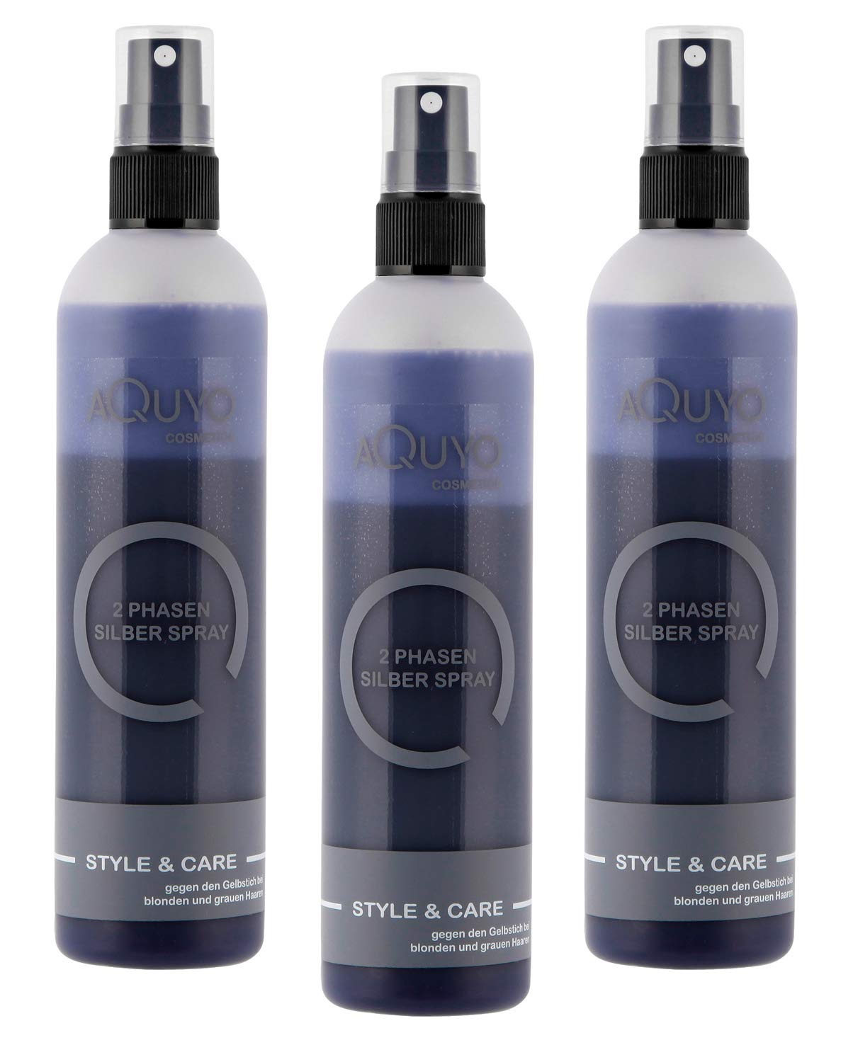 AQUYO Cosmetics Anti-yellowing silver spray for blonde and grey hair (200ml) | 2 phase silver spray conditioner moisturises the hair, gives shine and makes combing easier.