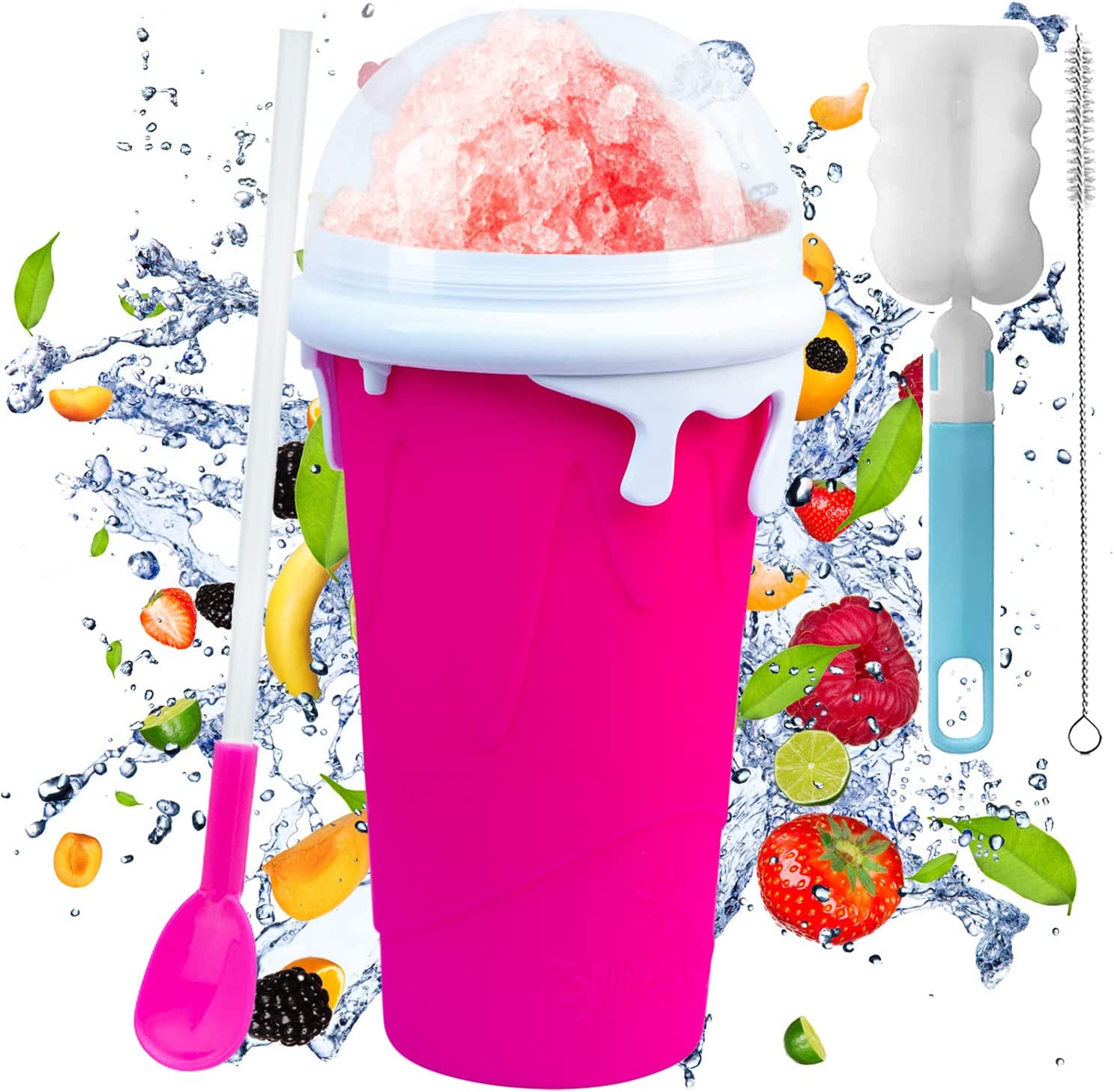 [Upgrade 500 ml] Slush Cup Silicone Squeeze Cup Slush Ice Cream Cup for Kneading Reusable Portable Quick Frozen Smoothies Cup with Straw Spoon for Delicious Slush Ice for Children and Family