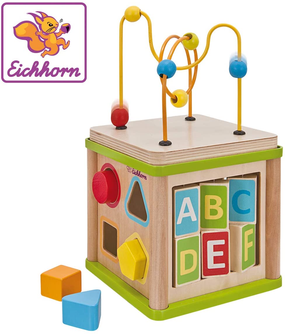 Eichhorn 100003713 Small Game Centre 15.5 x 15.5 x 29.5 cm with Motor Skill Loop, Rotation Game, Sorting Game and 4 Modelling Blocks, Lime Wood