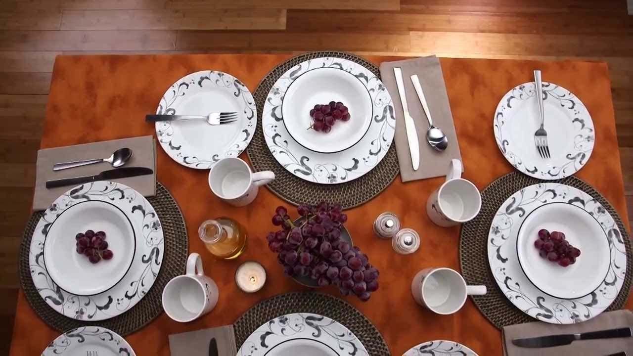 Corelle 16-Piece Vitrelle Glass Faenza Chip and Break Resistant Dinner Set, Service for 4, Black