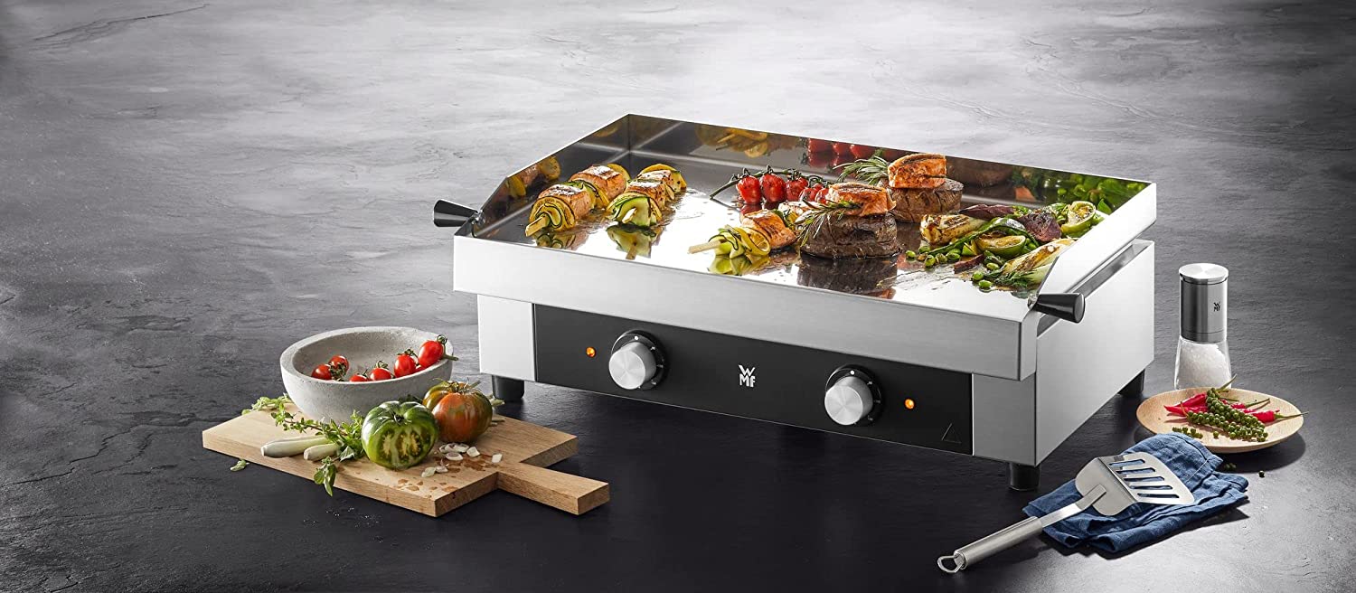 WMF Profi Plus Plancha Grill, 74 x 38 cm, Teppanyaki Grill, Electric Grill for Balcony, Table Grill with Stainless Steel Grill Plate, up to 300 °C, 2 Cooking Zones, 3200 W