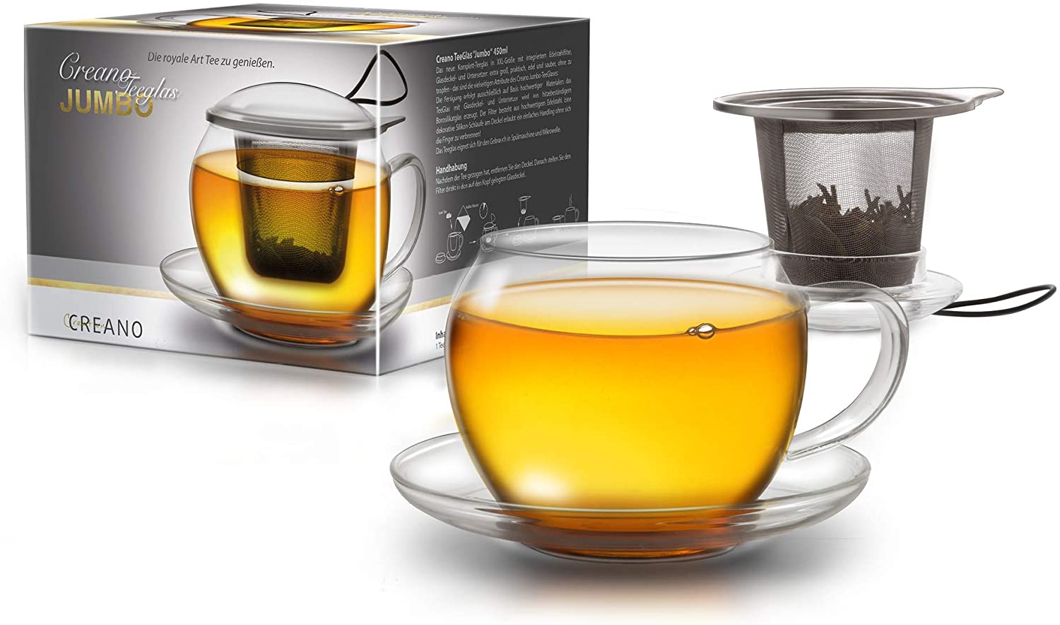 Creano XXL tea cup with handle Jumbo with integrated stainless steel strainer, lid and saucer set with 2 ErblühTeelini, 450ml