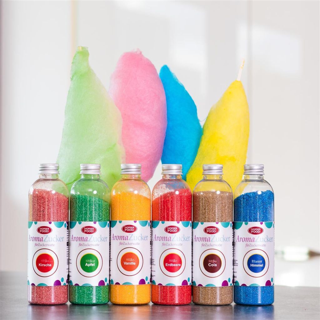 Partyset 6 x 230 Gramm Zuckerwatte Zucker für Zuckerwattemaschine Inklusive 100 Zuckerwattestäbe