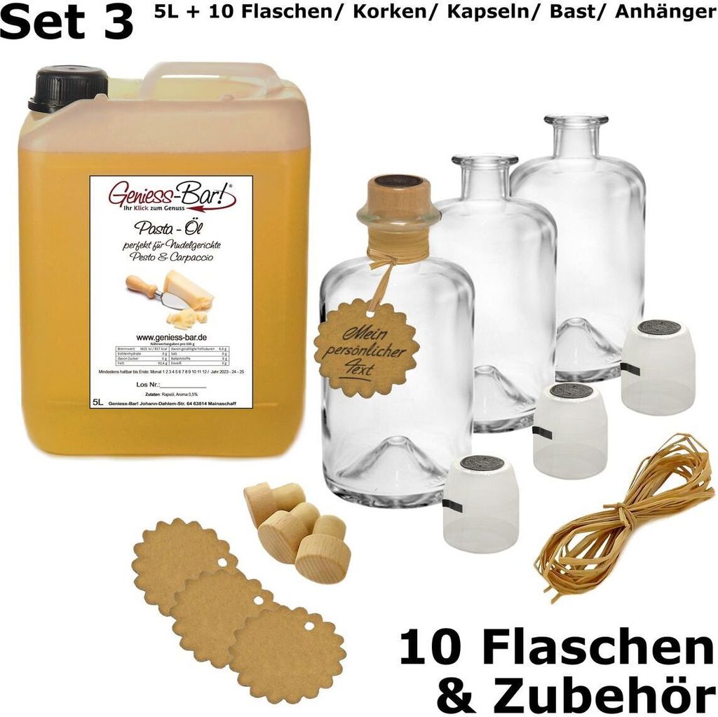 Pasta Oil 5L incl. 10 bottles, corks, capsules, raffia & pendant - like hearty Italian hard cheese VEGAN