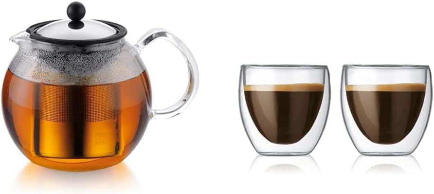 Bodum 1802-16 assam tea maker (French press system, permanent stainless steel filter), 1.5 L, shiny & 4557-10 pavina 2-piece glasses set (double-walled, insulated, mouth-blown, 0.08 litres), transparent