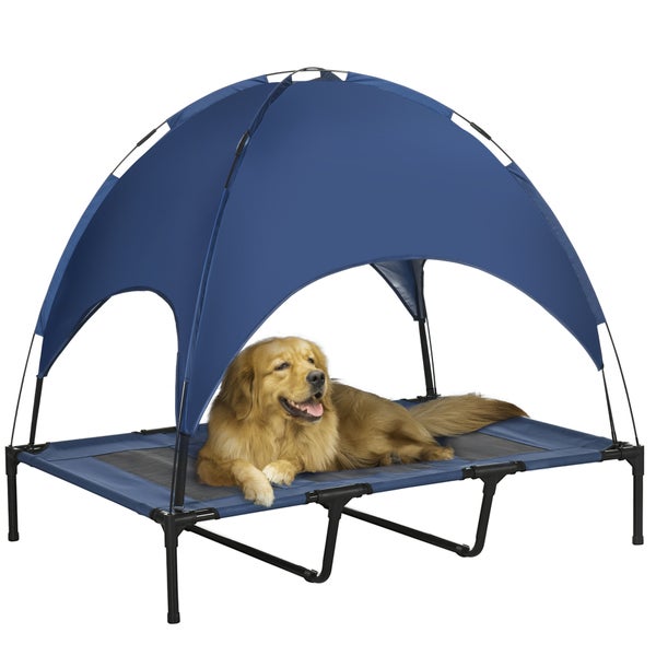 PawHut Elevated Dog Bed with Canopy, Pet Bed, Outdoor Dog Lounger with Roof, Breathable, Taffeta Fabric for Camping Dark Blue 122 x 92 x 108 cm