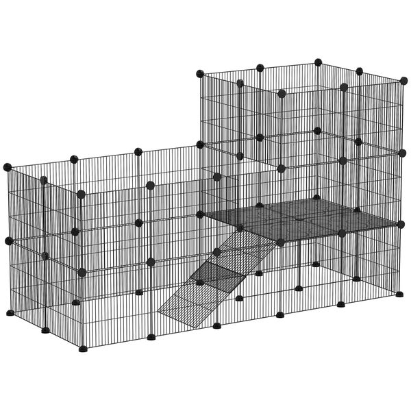 PawHut Small Animal Enclosure Small Animal Cage with 39 Panels Outdoor Enclosure with Ramp DIY Mesh Enclosure Metal Small Animals Openable Black 140 x 70 x 105 cm