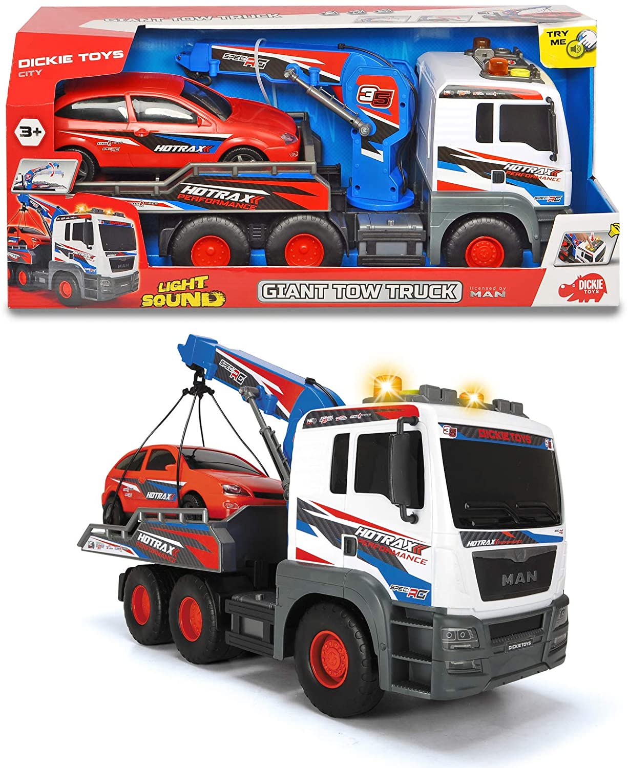 Dickie Toys Man Tow Truck Large Tow Truck With Car, Motor. Crane Arm Light