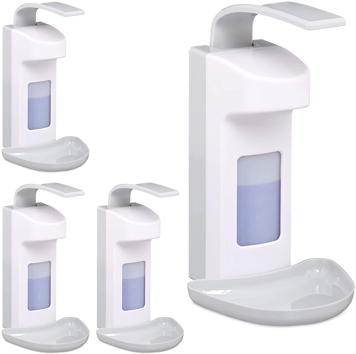 Relaxdays 4 x Disinfectant Dispenser with Drip Tray Hygiene Wall Dispenser Hand Disinfectant Arm Lever Dispenser for 500 ml White