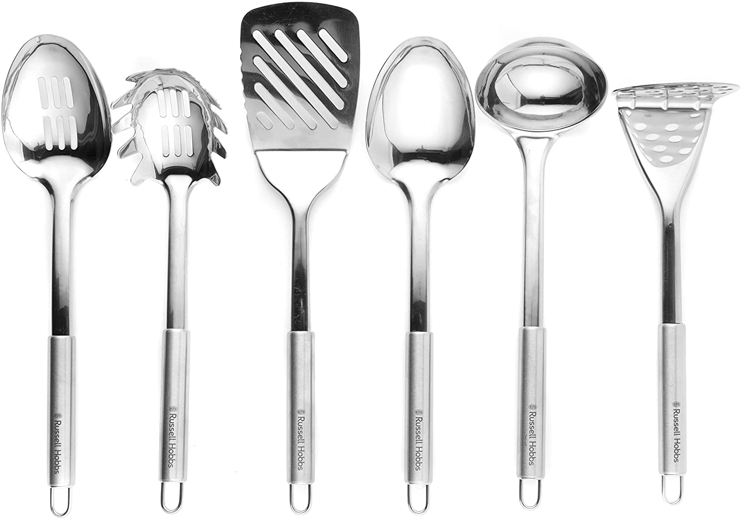 Russell Hobbs RH00123 Stainless Steel Kitchen Utensil Set/Cooking Utensils, Silver, Turner, Ladle, Mesh and Pasta Server with Fixed and Slotted Spoon, Stainless Steel