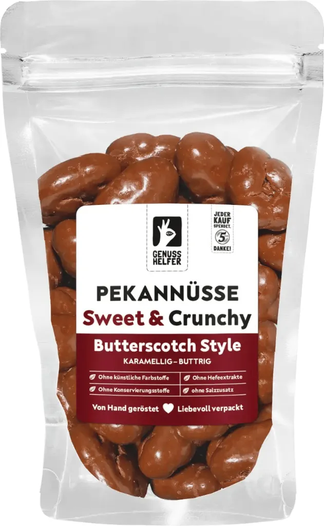 Pekannüsse Butterscotch, Pekannüsse in Vollmilch-Schokolade mit Butterscotcharoma, 150g