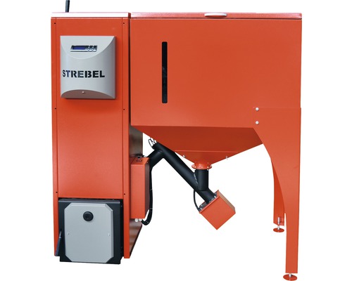 Pellet boiler Strebel Biotec 25S red 25 kW with pellet container 500 liters on the left