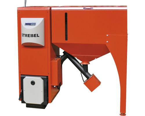 Pellet boiler Strebel Biotec 40 red 40 kW with pellet container 400 liters on the left