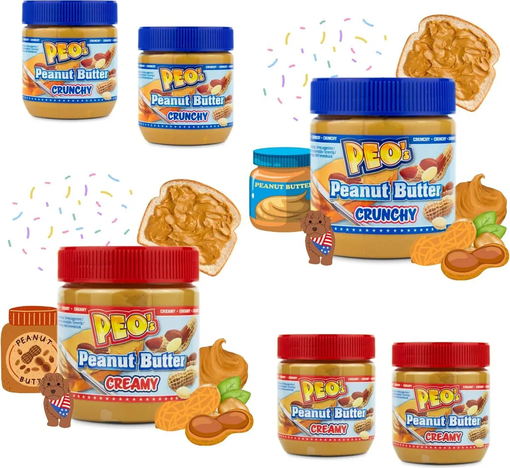 PEOs 2 x 340g Erdnussbutter Crunchy & Cremig je 1 Stück - Natürliche Peanut Butter Vorteilspack - Fein geröstet Extra Smooth