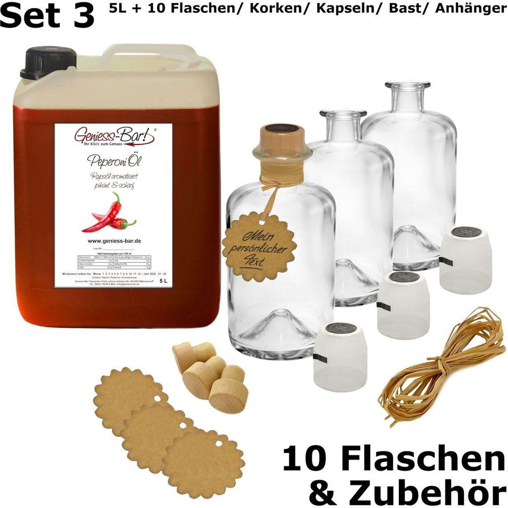 Pepperoni oil - Chili oil 5L including 10 bottles, corks, capsules, raffia & tag. Pleasantly hot! Canister bulk container of pepperoni oil, rapeseed oil.