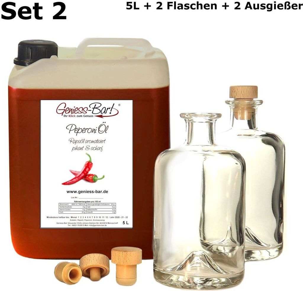 Pepperoni oil - Chili oil 5L including 2 bottles & 2 pourers! Pleasantly hot! Canister bulk container of pepperoni oil and rapeseed oil