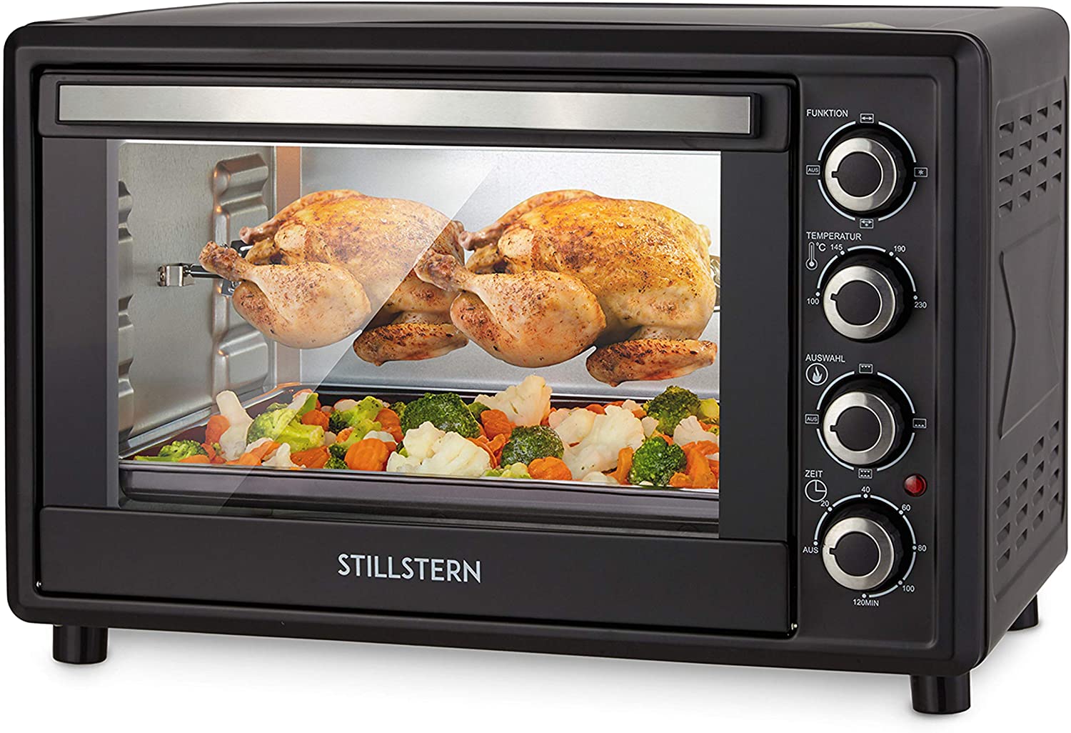 Stillstern Mini Oven With Convection Air (35 Litres) – 2 X Baking Trays German Labelled Controls Oven Gloves Recipe Book Double Glass Door 1600 W Rotisserie Crumb Tray Timer Interior Lighting