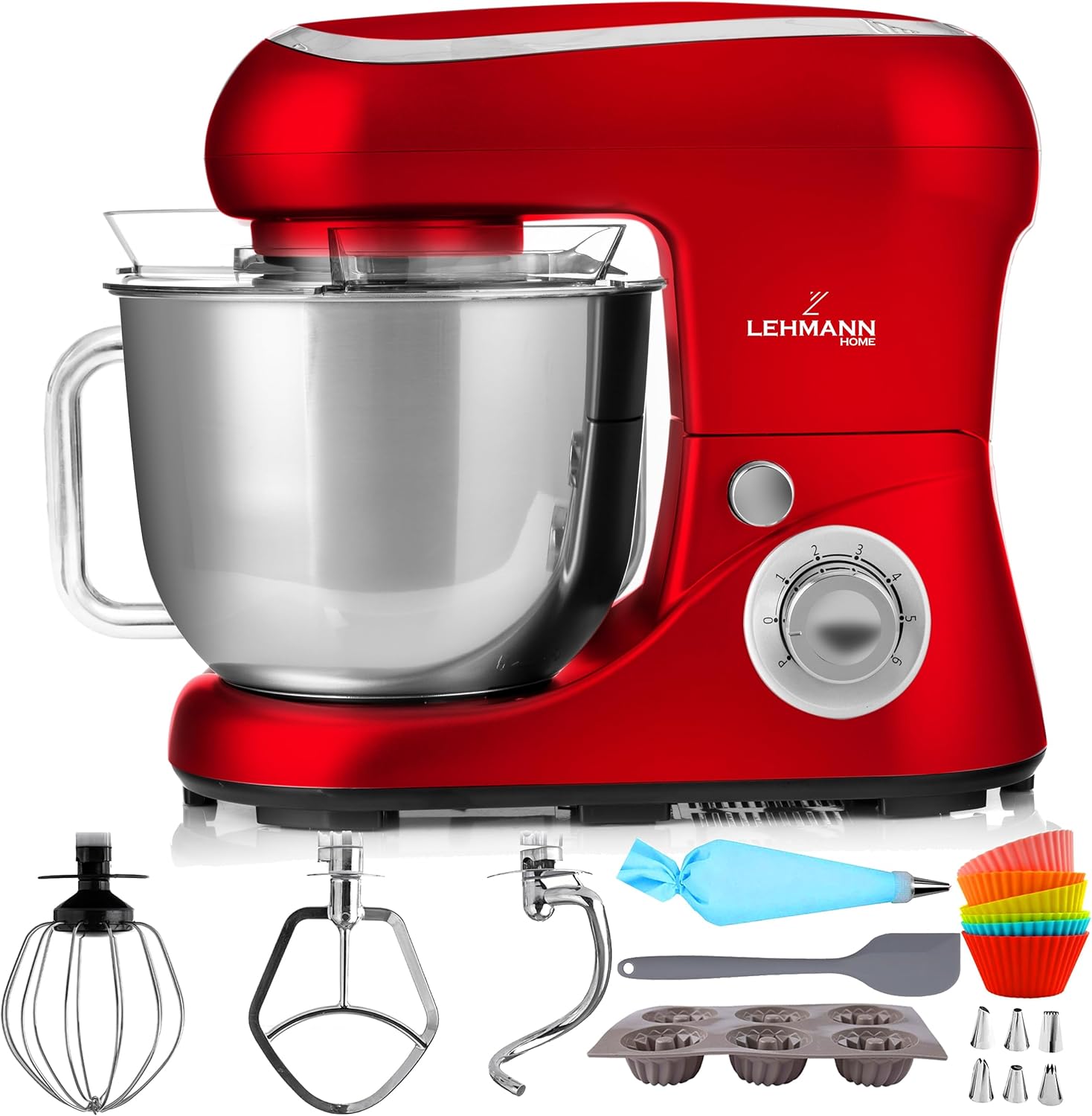 Lehmann Planetary Food Processor with Stainless Steel Bowl 5 L, Multifunctional Mixer, 2200 W, 6 Speed ​​Dough Machine, Includes Splash Guard Lid, Dough Hook and Whisk (Red)