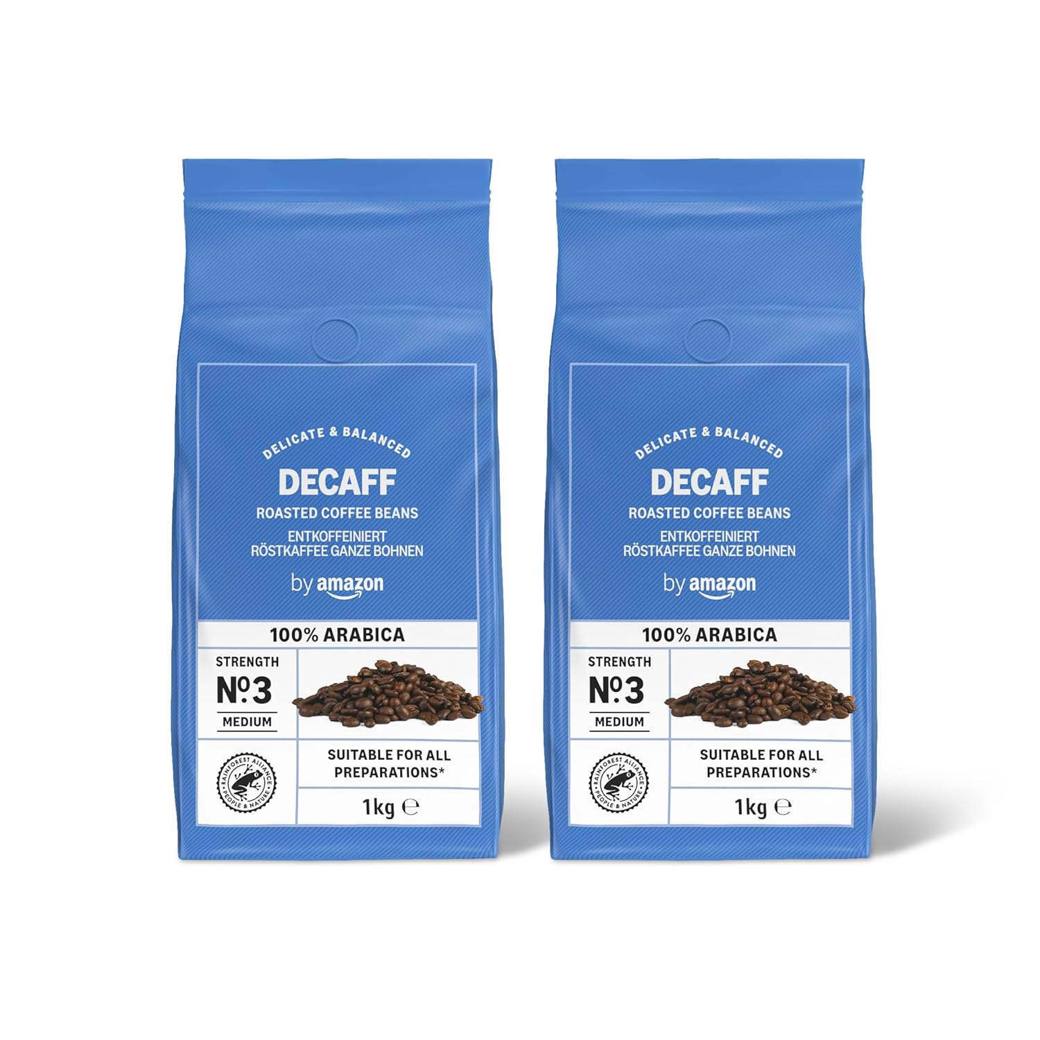 by Amazon Coffee beans, decaffeinated, light roast, 2 kg (2 packs of 1 kg), Rainforest Alliance certified