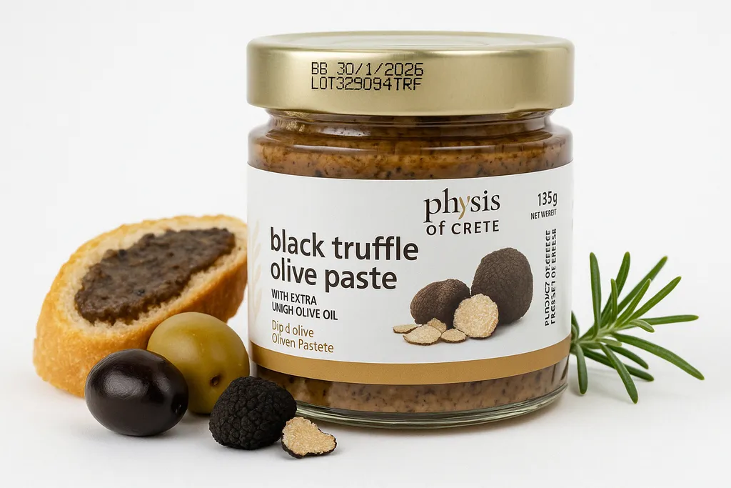 Physis of Crete, Griechische Olivenpaste mit Schwarzem Trüffel & Nativem Olivenöl Extra – 100% Natürlich, Gourmet-Aufstrich 135g