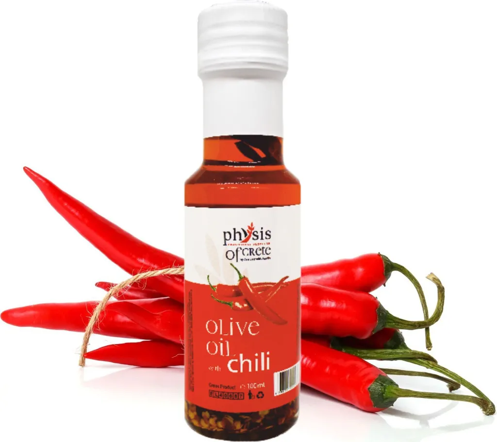 Physis of Crete, Olive Oil, 100 ml, Extra Virgin Olive Oil, Chili Flavor, Greek Olive Oil, Greek Food, Olive Oil Greece