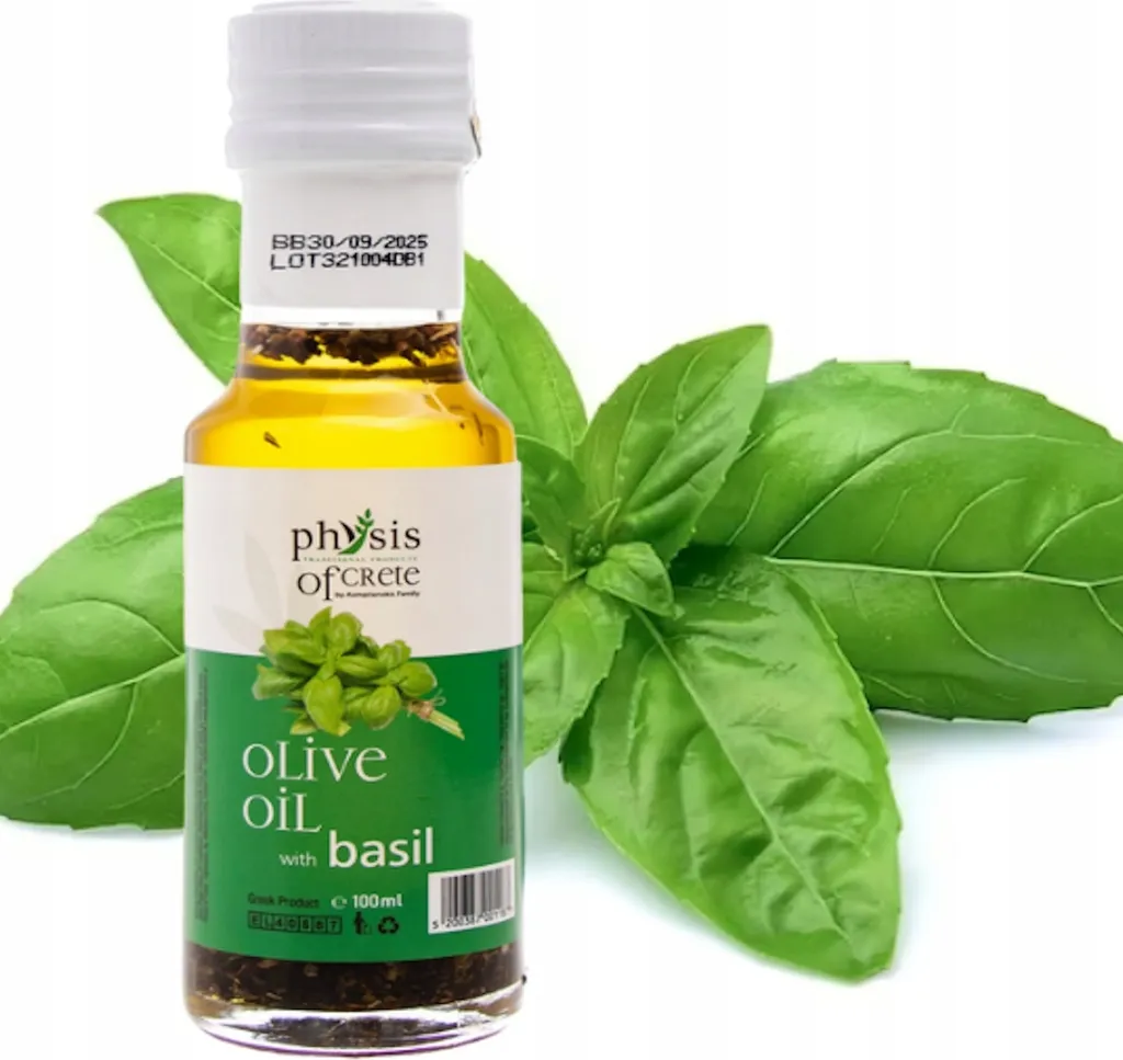 Physis of Crete, Olive Oil, 100 ml, Olive Oil with Basil, Extra Virgin Olive Oil, Flavored Olive Oil, Flavored Oils, Greek Olive Oil