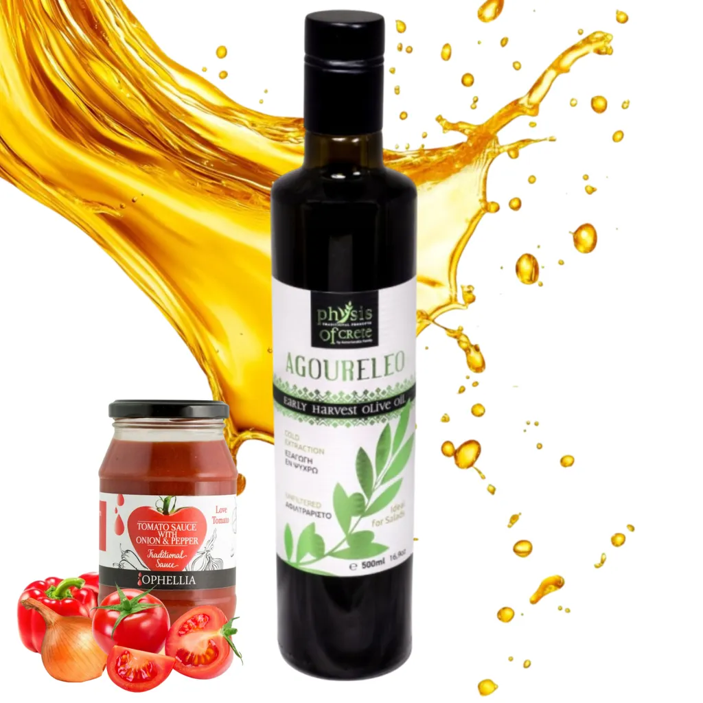 Physis of Crete, Unfiltered Olive Oil 500ml, Polyphenols + Greek Tomato Sauce with Peppers & Onions
