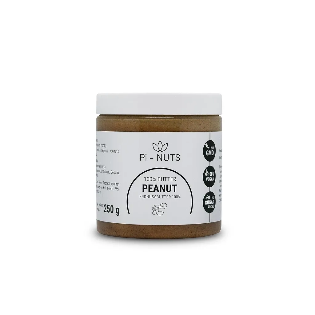 Pi-nuts Erdnussbutter 100% - ohne Zusatzstoffe, Konservierungsmittel - ‎Erdnussmousse aus gerösteten und geschälten Erdnüssen - Zum Backen 250 g