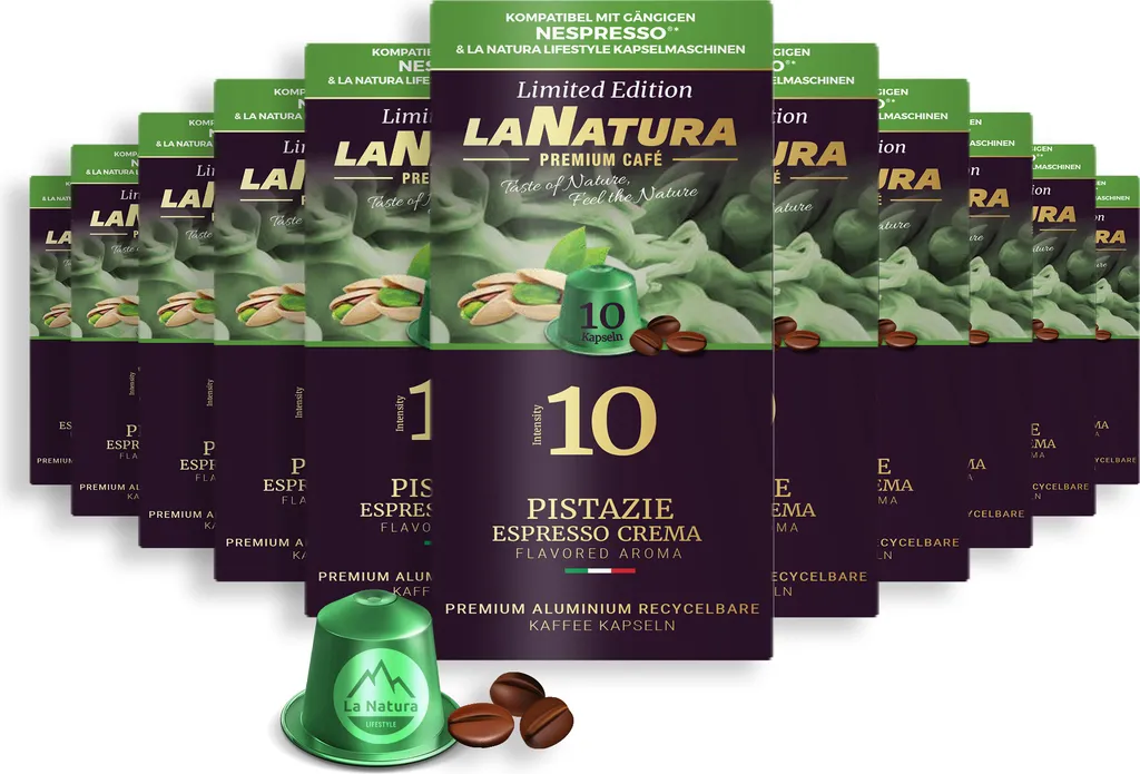Pistachio Espresso Crema Premium Coffee - 110 Coffee Capsules | La Natura Lifestyle Organic 616g | Bio-based | Nespresso®*³ compatible