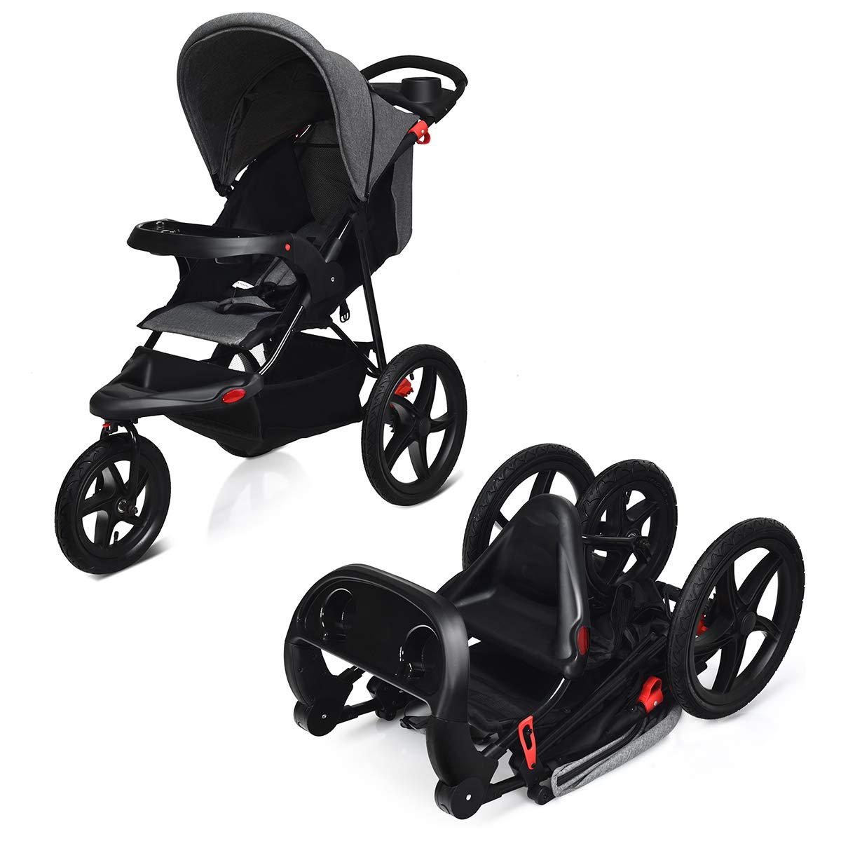 GOPLUS Pushchair, pushchair with reclining function, baby stroller with 5-point harness, foldable pram, with adjustable backrest, shockproof, usable from birth to 15 kg (grey)