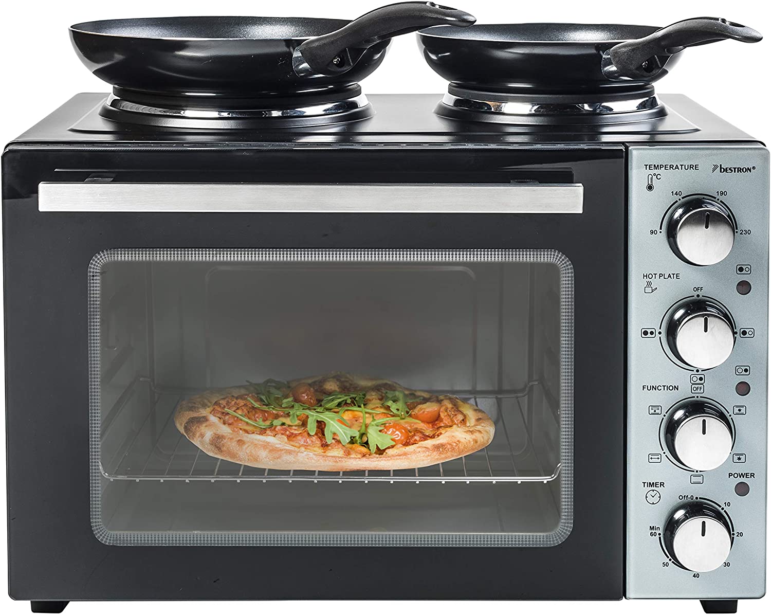Bestron AOV31CP Small Kitchen, Mini Oven with Double Hot Plate, Top/Bottom Heat with Recirculation Function up to 230°C, 3200 Watt, Black
