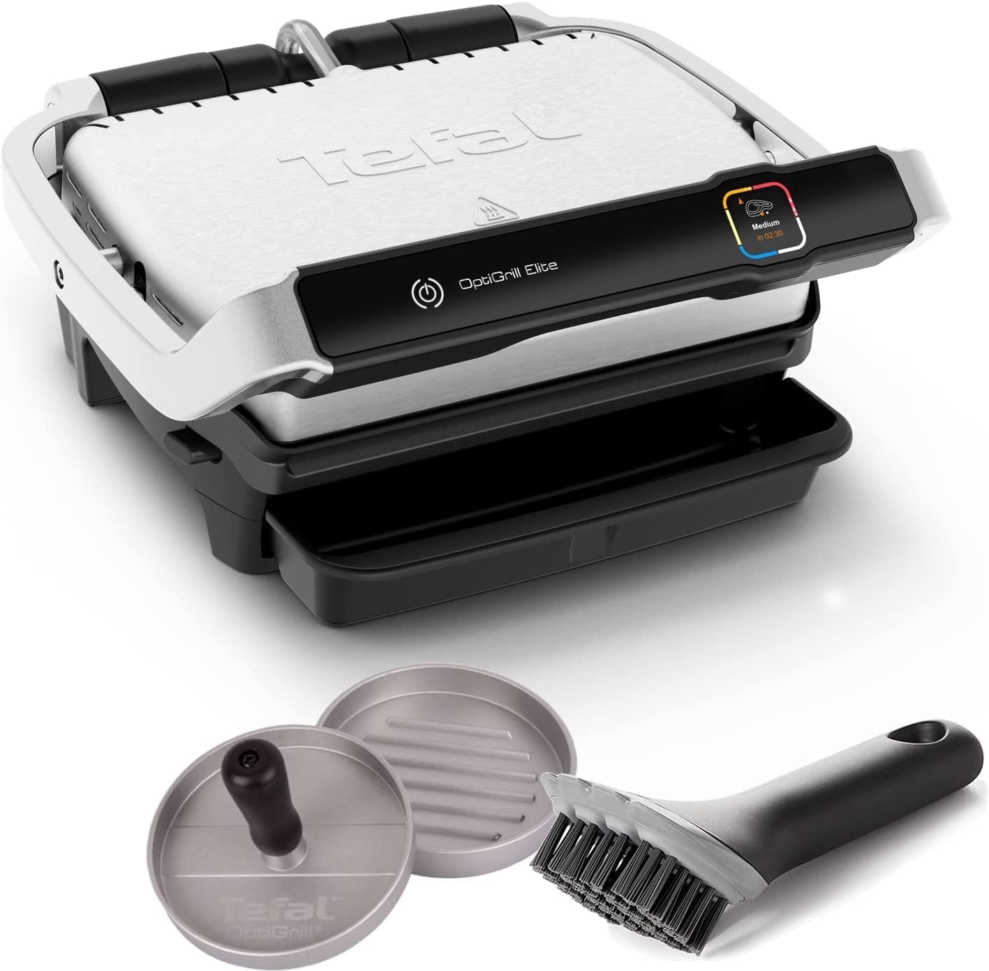 Tefal Optigrill Elite Contact Grill with Grill Boost Function 2000 W + Hamburger Press + Grips Grill Brush | Indoor Electric Grill | 12 Automatic Programmes | Intuitive Sensor | Touch Display, Stainless Steel