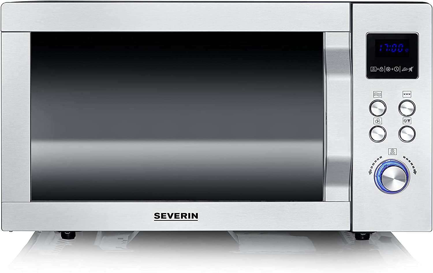 SEVERIN 4-in-1 Mikrowelle mit Doppelgrill, Minibackofen mit Pizza-Express Funktion, Mikrowelle mit Grill und Heißluftfunktion bis zu 230 °C, Edelstahl/schwarz-matt, MW 7778