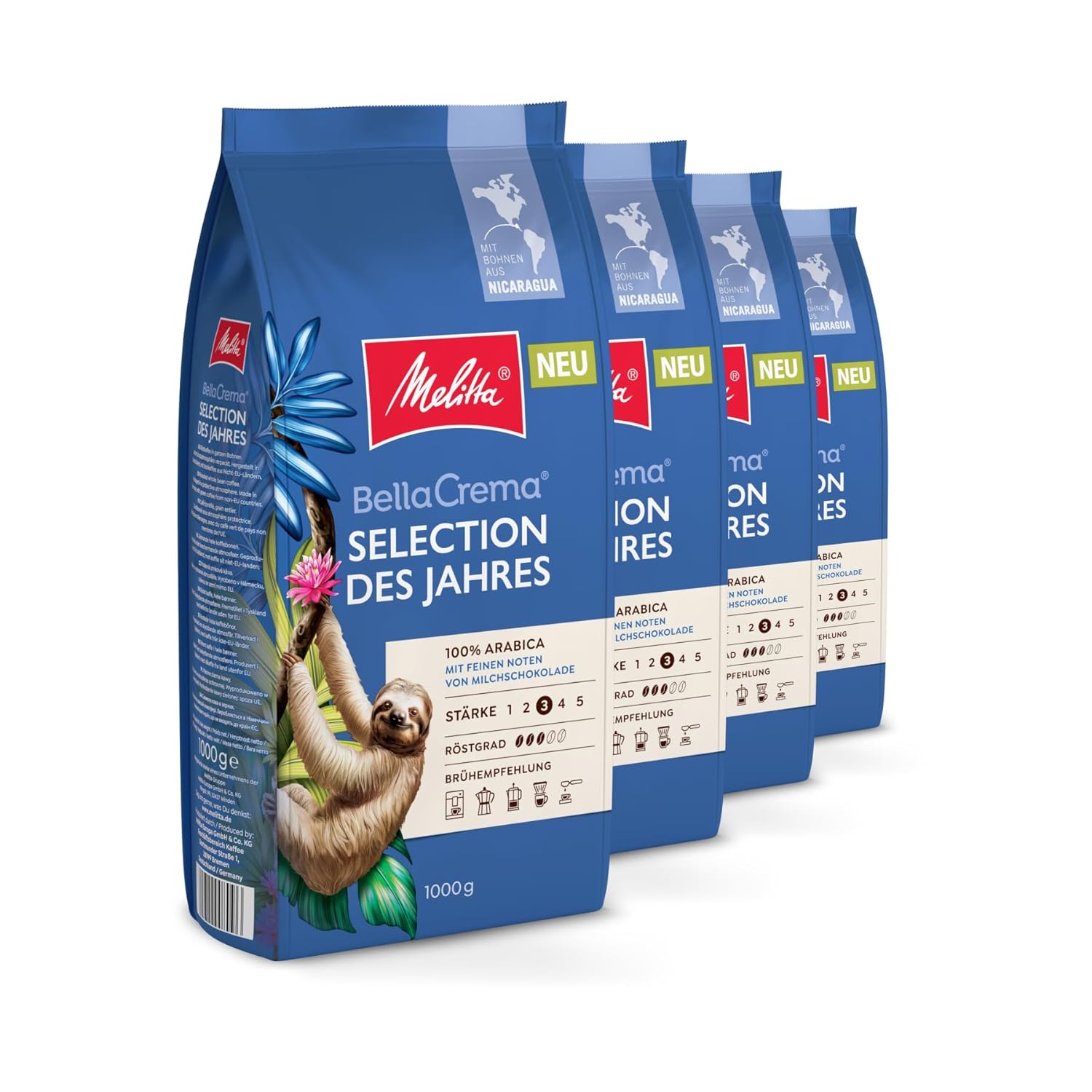 Melitta BellaCrema Selection of the Year Whole Coffee Beans, 4 x 1 kg, Unground, Coffee Beans for Fully Automatic Coffee Machines, Medium Roast, Roasted in Germany, Strength 3, in a Tray