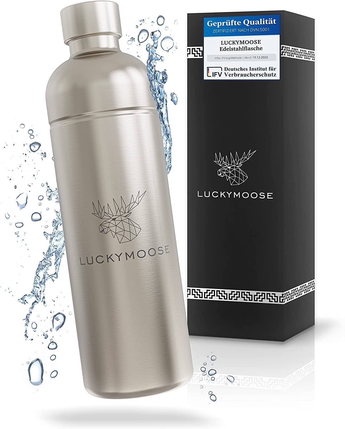 Luckymoose® stainless steel bottle 1L compatible with Aarke & Philips water bubble - premium stainless steel drinking bottle, ideal for home, outdoor & office (stainless steel)
