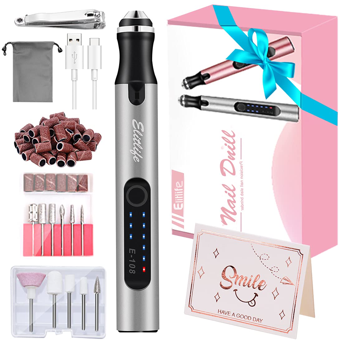 Elitlife Electric Nail File, Nail Cutter for Gel Nails, 12 in 1 Professional Electric Nail File, USB Manicure Pedicure Set with Sanding Bands and Nail Drills for Nail Studio DIY on Travel (Silver), ‎silber