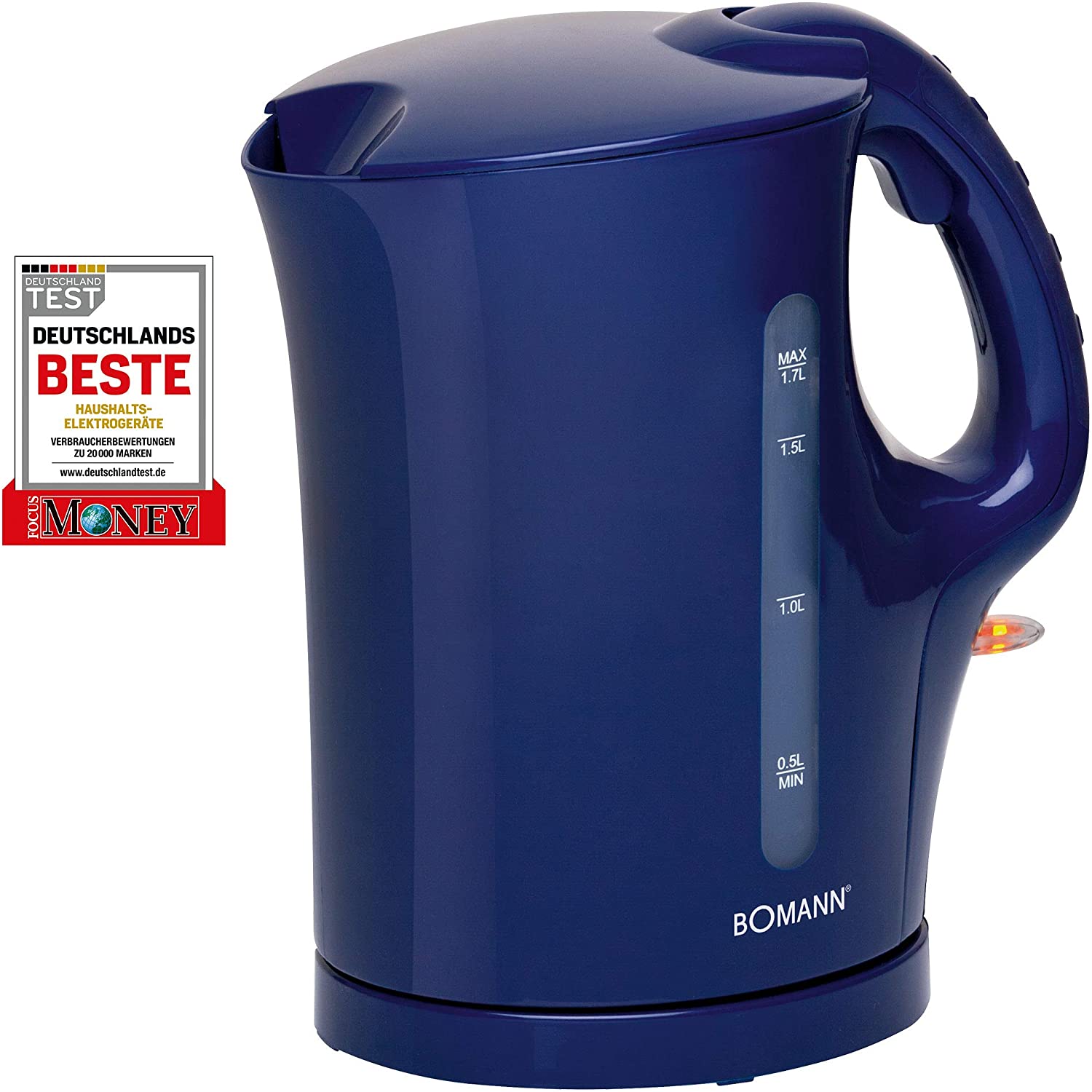 Bomann WK 5011 CB Kettle 1.7 Litre Capacity 2 External Water Level Indicators Stainless Steel Heating Element Blue