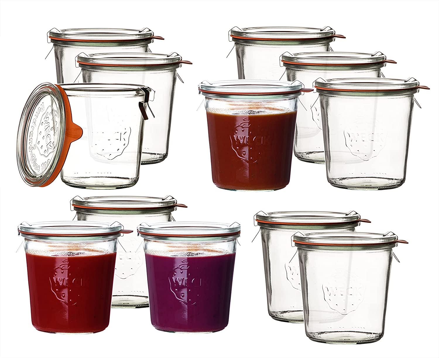 Weck Preserving Jars Set of 12, 0.5 Litres Including Preserving Rings, Clips and Glass Lids