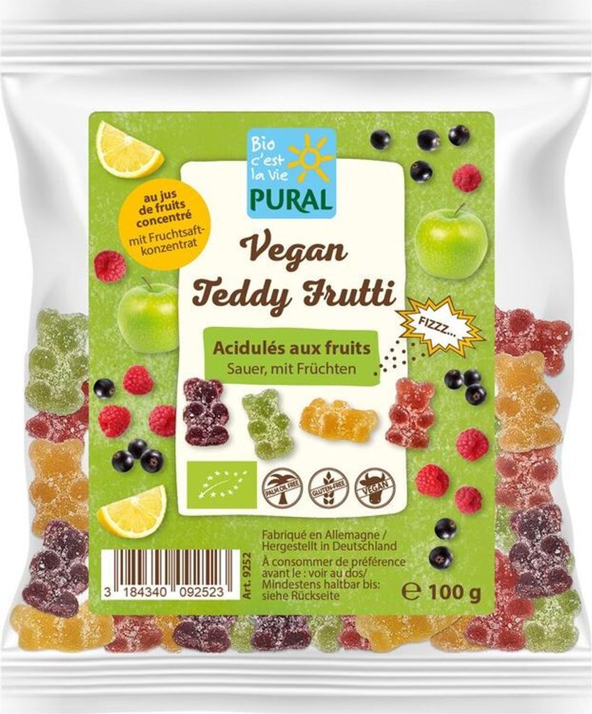 Pural Vegan Teddy Frutti sauer Fruchtgummi ohne Gelatine -- 100g x 12  - 12er Pack VPE