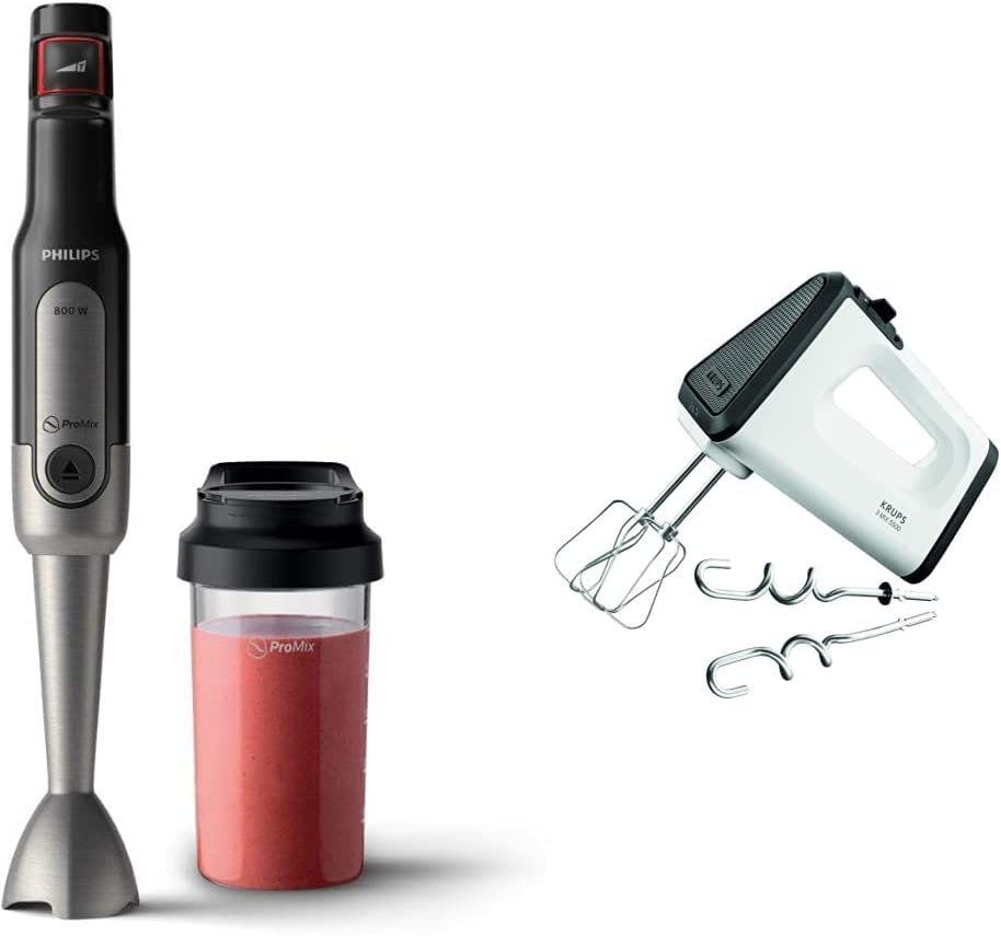 Philips Viva HR2650/90 Hand Blender (800W, SpeedTouch, Includes 2-in-1 Togo Drinking Bottle & Mixing Cup) Stainless Steel & Krups 3 Mix Hand Mixer GN5021 | 500 W | 5 Speeds | White