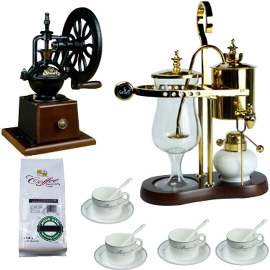 EDOSTORY Siphon Coffee Pot, Manual Coffee Grinder, Luxurious Belgium Royal Balancing Coffee Machine, Elegant Retro Siphon Pot Set, 4-5 People