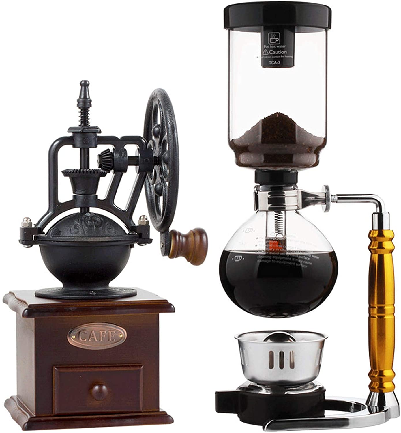 BNMY Manual Coffee Grinder Siphon Coffee Pot Set Siphon Coffee Machine 3 Cups Vacuum Coffee Machines Brown