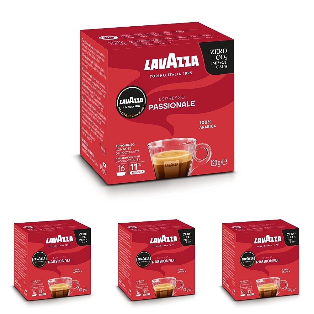 Lavazza, A Modo Mio Espresso Passionale, 16 Coffee Capsules with Caramel and Chocolate Notes, 100% Arabica, Intensity 11/13, Dark Roast, 1 Pack of 16 Lavazza Capsules (Pack of 4)