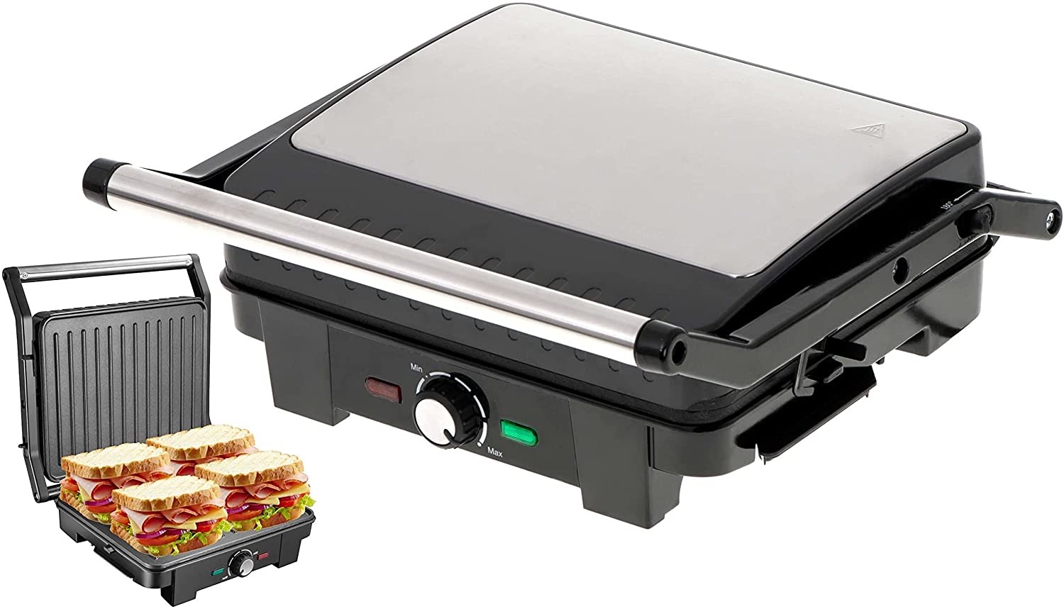 Steinborg Contact Grill 2800 Watt 180° Opening Non-Stick Coating Panini Maker Electric Table Grill Sandwich Toaster Thermostat Cool Touch Technology Grease Tray