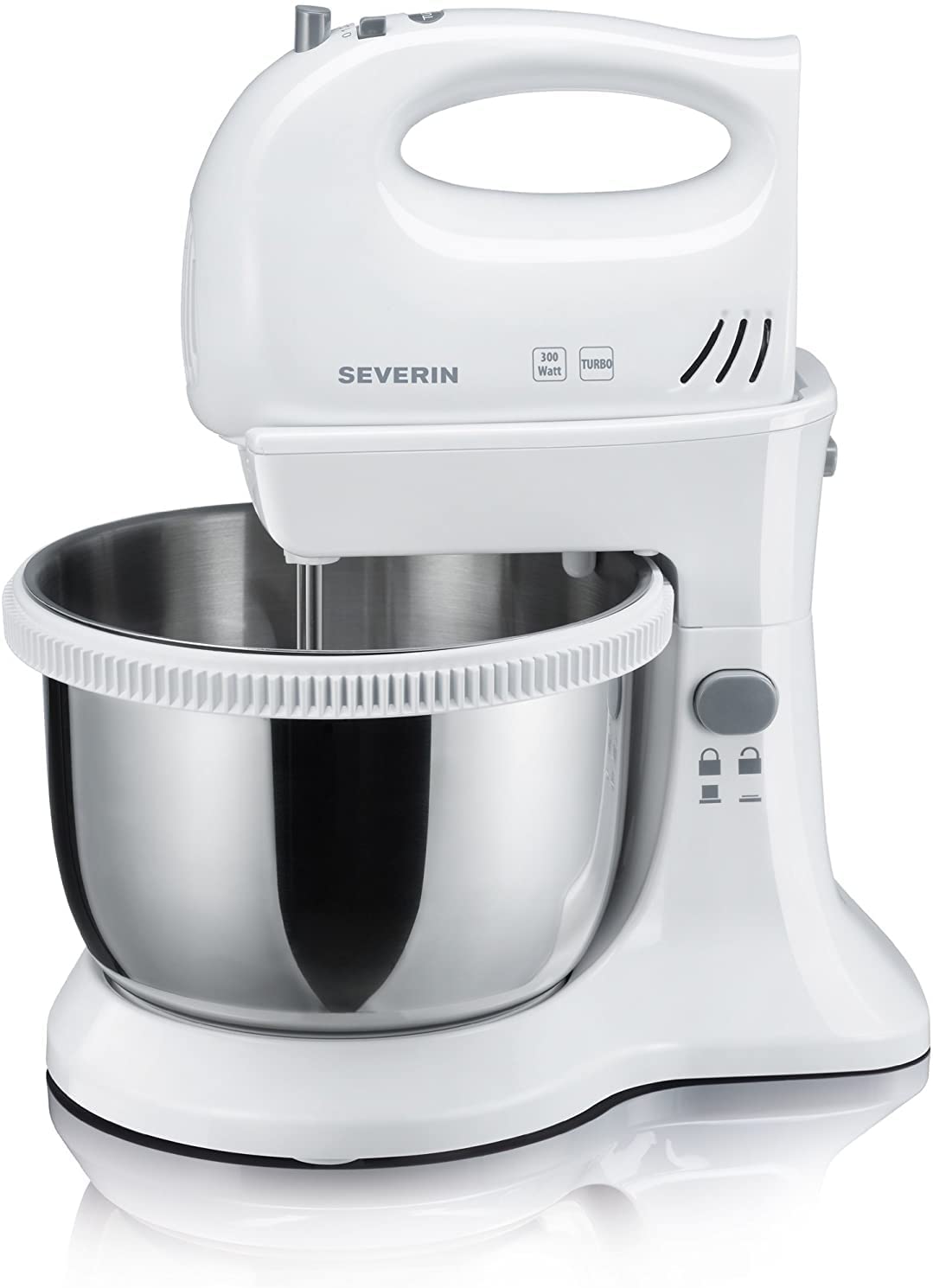SEVERIN HM 3816 Hand Mixer Set, Approx. 300 W, Includes Table Stand and 3 L Mixing Bowl, Stainless Steel/White