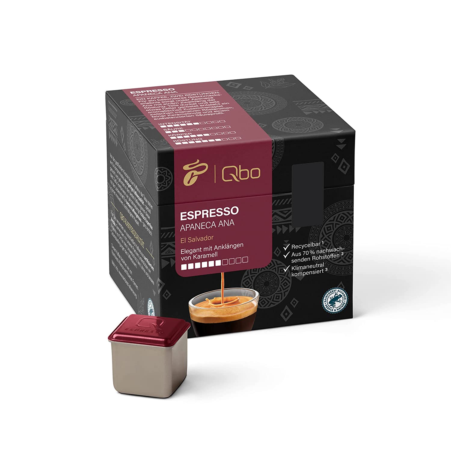 Tchibo Qbo Espresso Apaneca Ana Premium Kaffeekapseln, 27 Stück (Espresso, Intensität 5/10, elegant mit Karamellnote), nachhaltig, aus 70% nachwachsenden Rohstoffen & klimaneutral kompensiert